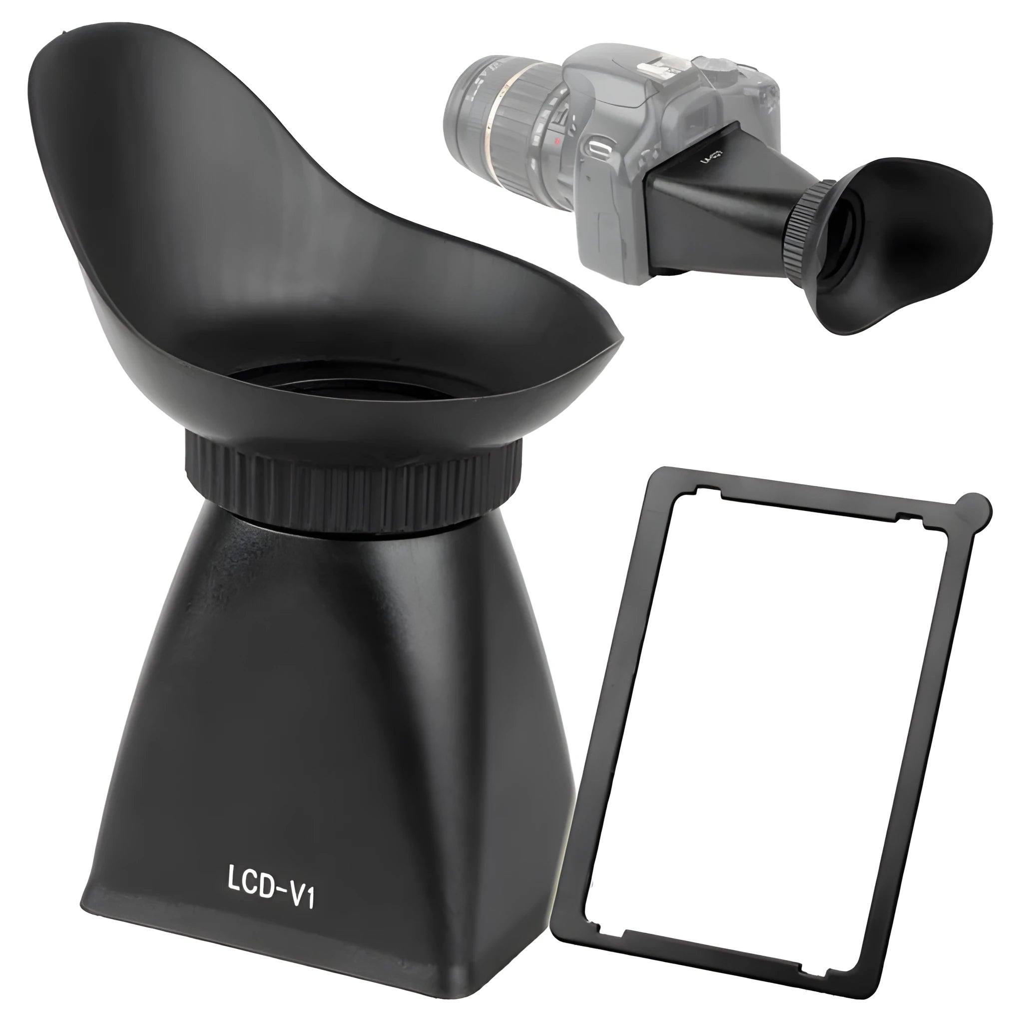 Black camera LCD magnifier loupe attached to a DSLR showing a magnified display screen for video shooting.