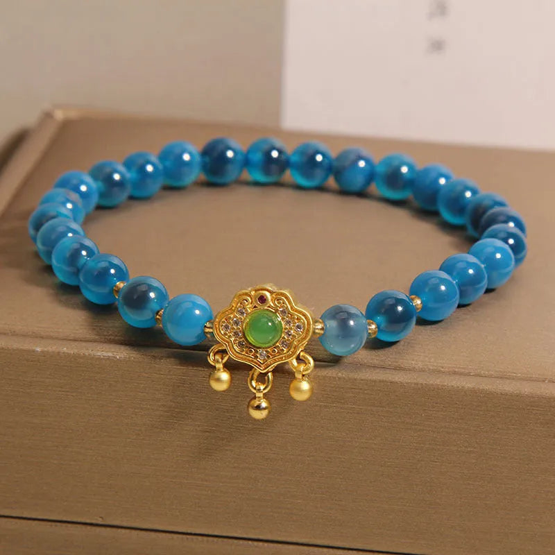 Blue sugar heart agate safety lock pendant women's bracelet with alloy inlay and rhinestones