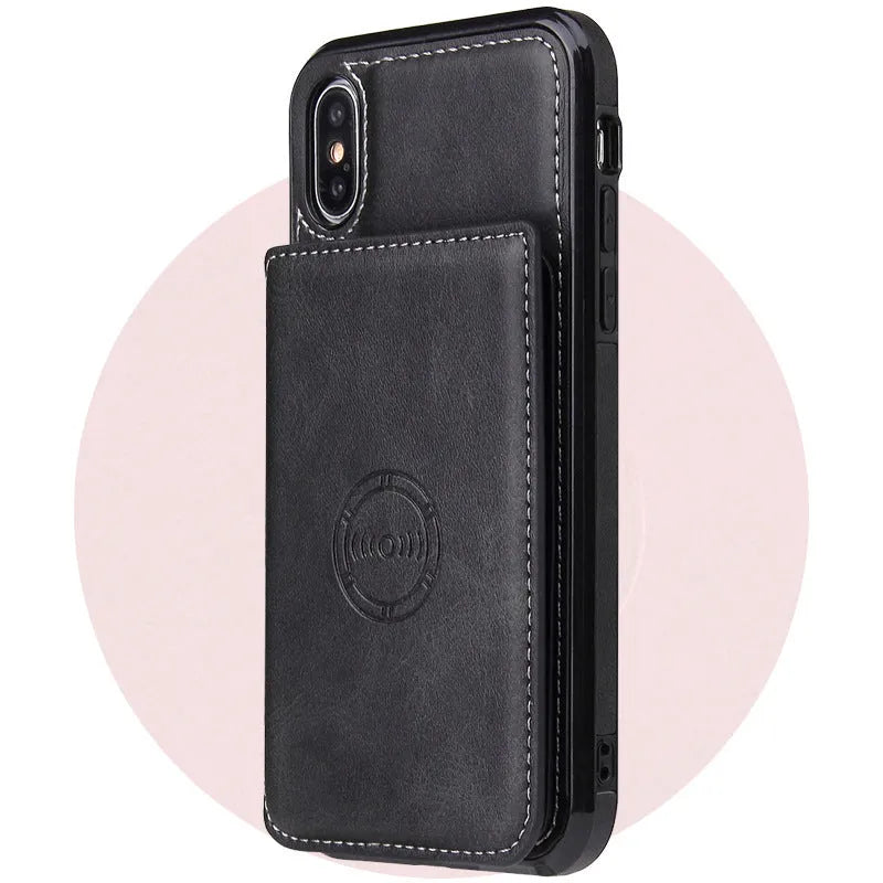 Imitation leather card wallet iPhone case showing card slots and available colour options