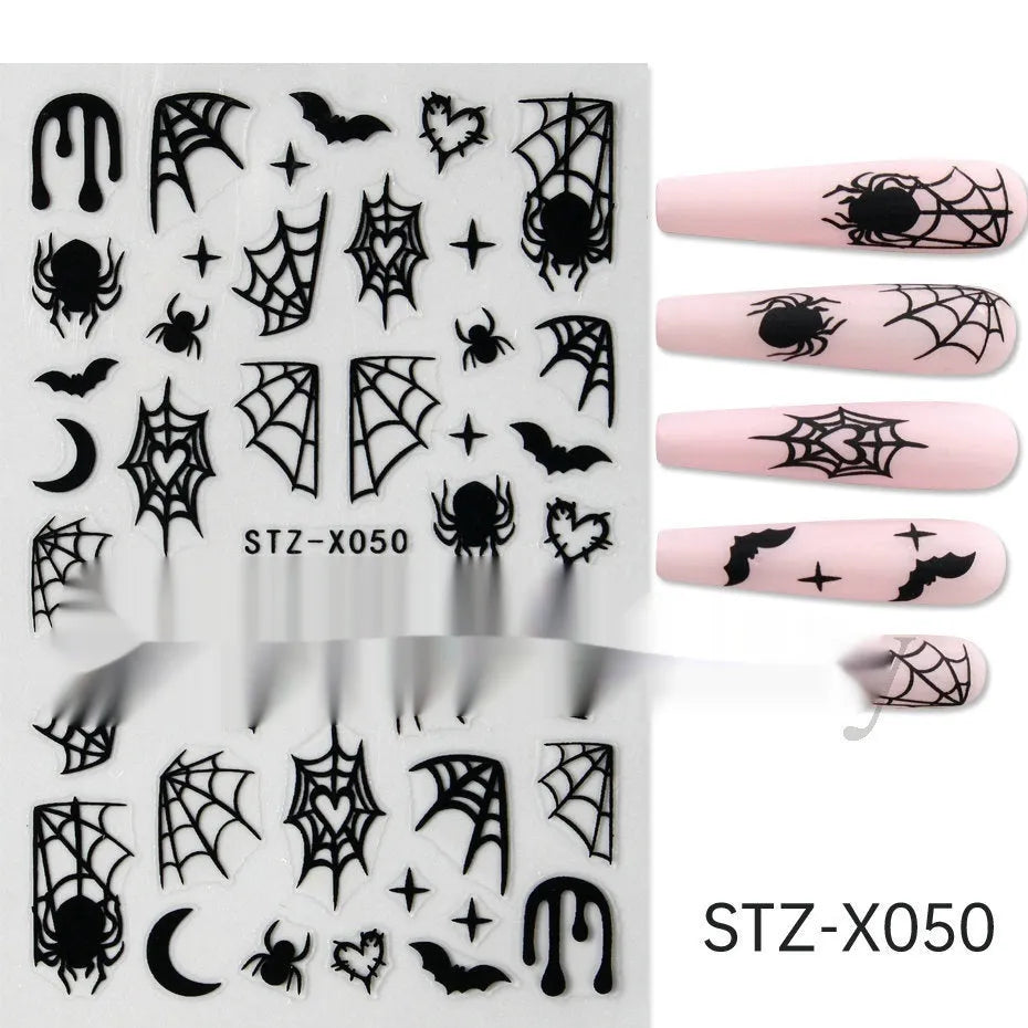 Cartoon-themed nail art sticker sheet with black and silver strip patterns and love motifs
