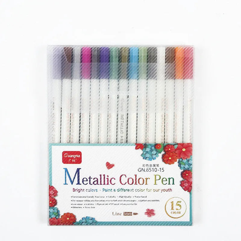 Black plastic card album with coloured metal pens arranged on a white background for office stationery use.