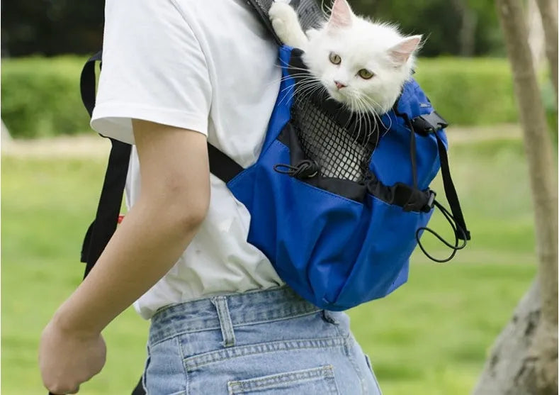 Ventilated pet backpack carrier with mesh breathable strap and safety buckle, polyester, in black, blue, grey or red