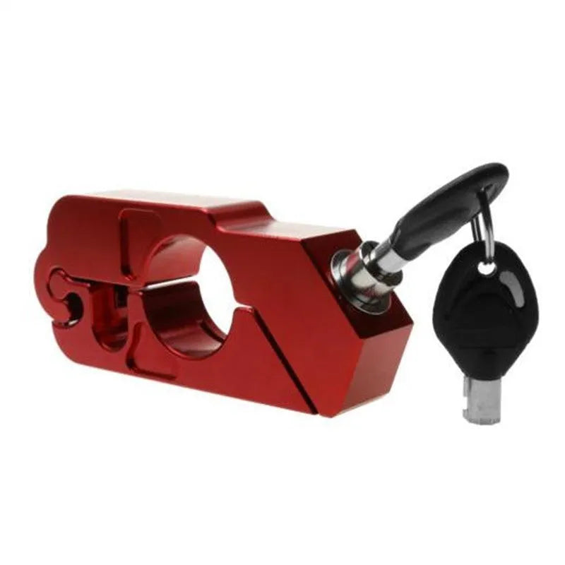 Black motorcycle handlebar lock with CNC aluminium body and stainless steel wire, shown attached to brake lever