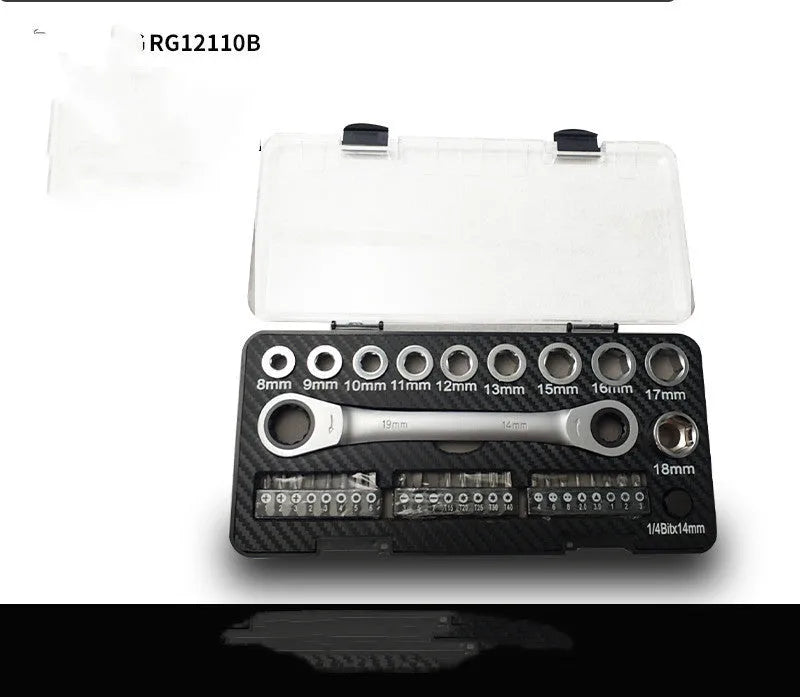 Dual-purpose ratchet wrench set with reversible head, 10 sockets, and 3 screwdriver bit heads on a workbench.