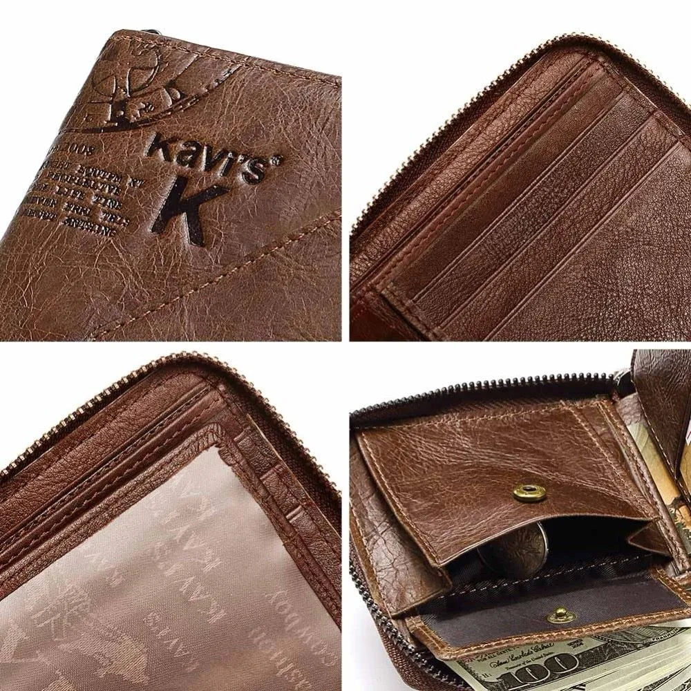 Coffee colour vintage leather wallet with locomotive design showing zipper opening and multiple internal compartments