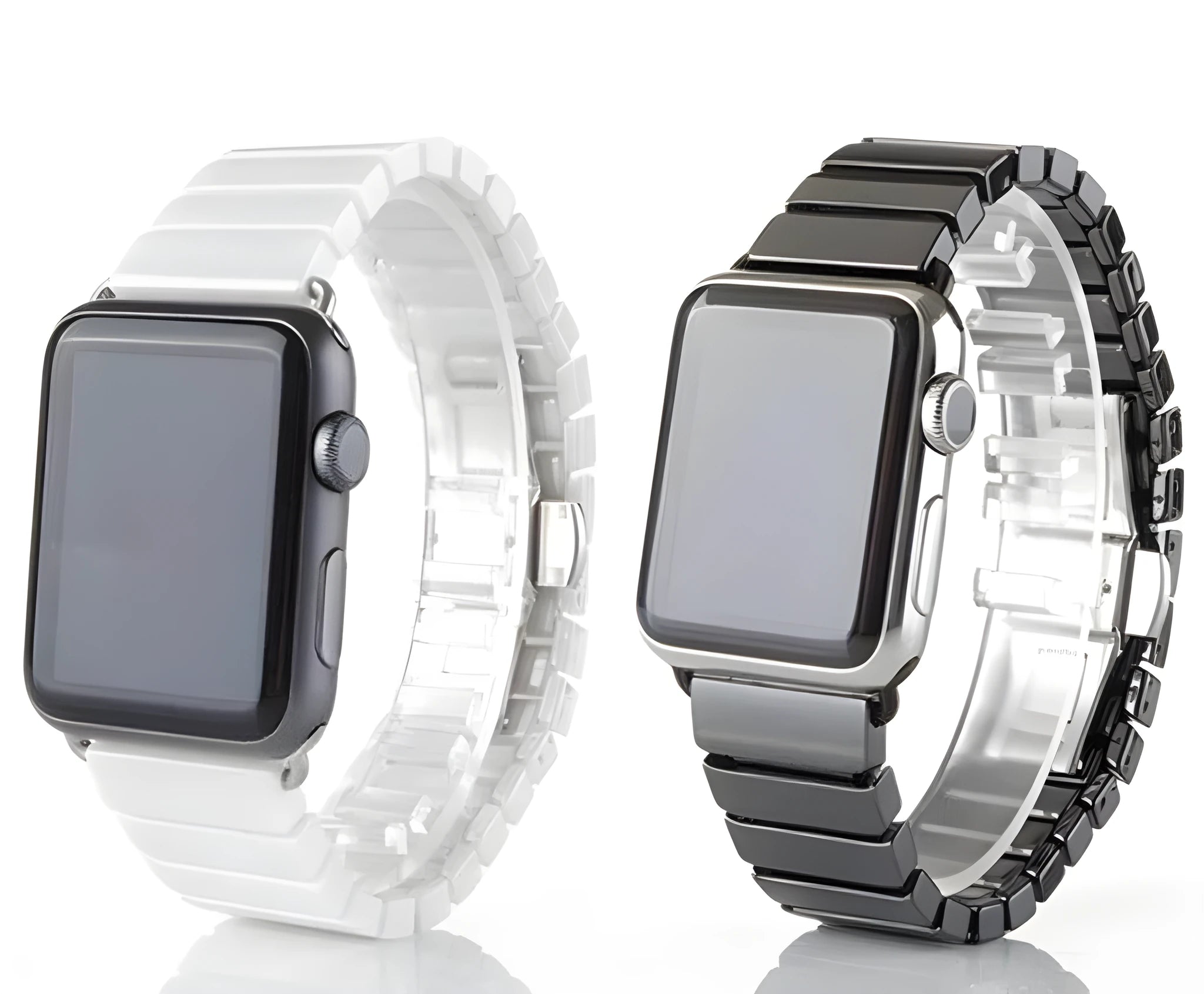 Ceramic stainless steel Apple Watch strap for 38mm and 42mm models in black and white