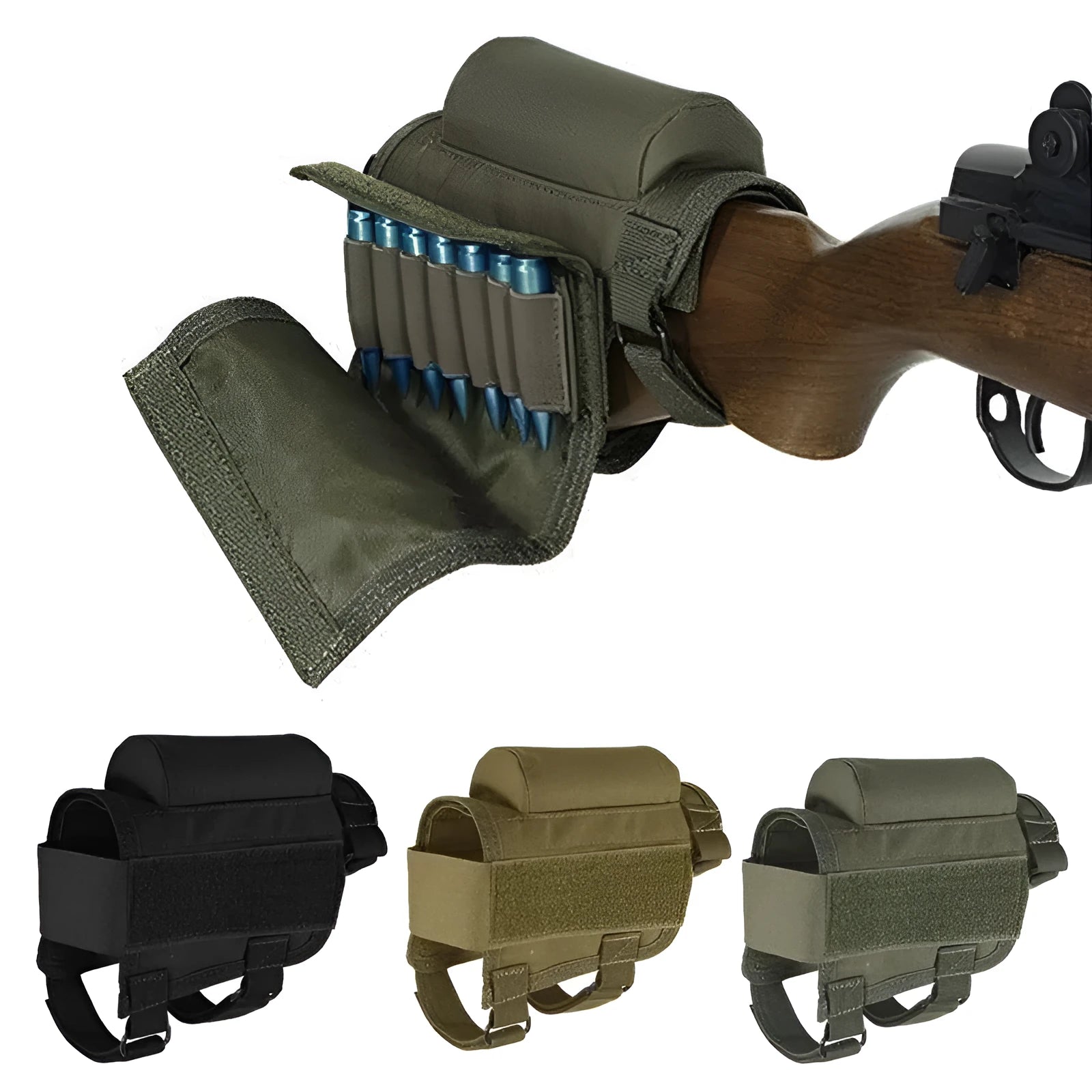 Tactical cheek rest with black nylon surface, hook and loop straps, and removable ammo carrier attached to a rifle stock
