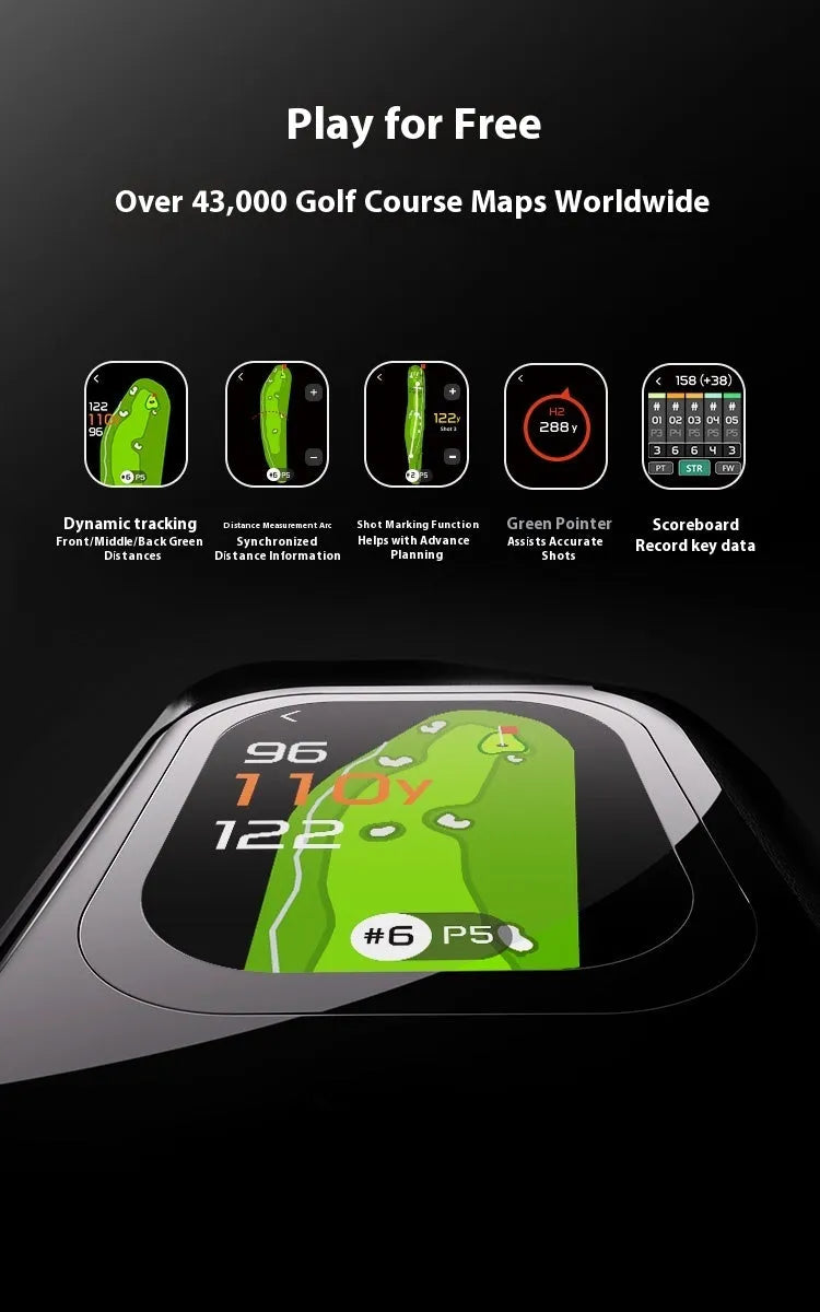 GenePro G1 black golf GPS rangefinder with AMOLED display showing distance measurement