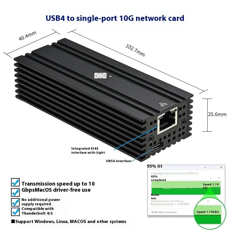 Black Leyu USB4 to RJ45 10 Gigabit Ethernet network adapter with attached USB-C cable.