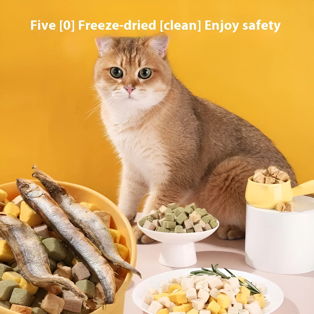 Assorted freeze-dried pet snacks including chicken, salmon and egg yolk flavours in small resealable bags.