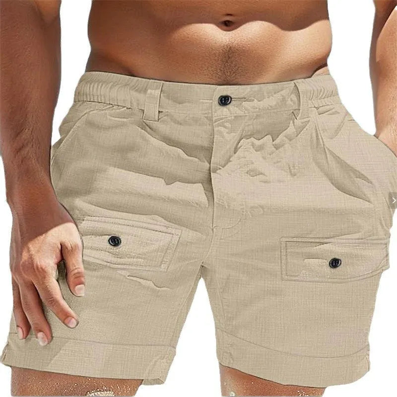 Men's linen shorts with elastic waist and button pockets in white and khaki colours