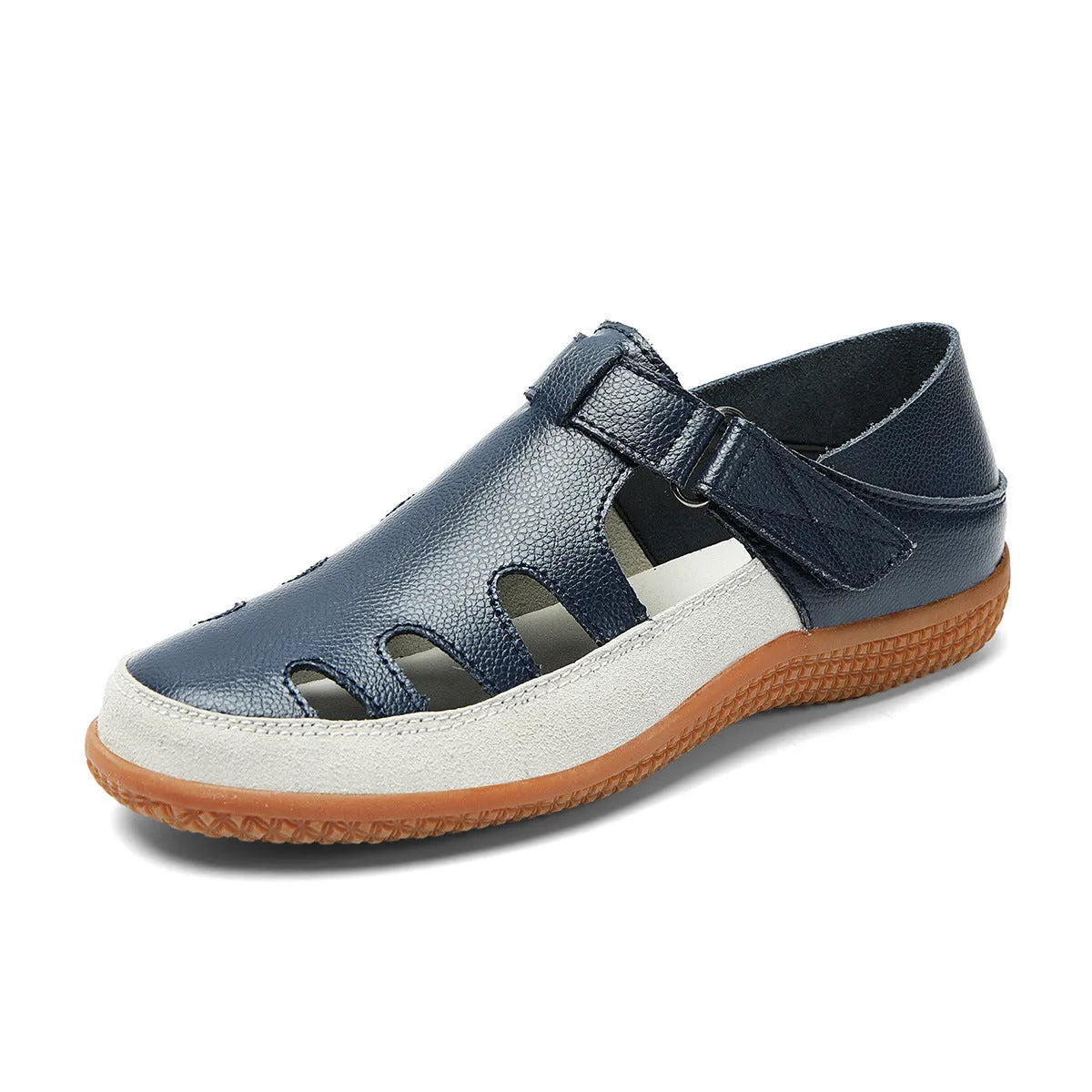 Women's plus size flat sandals with hollow breathable design and toe cap in blue colour