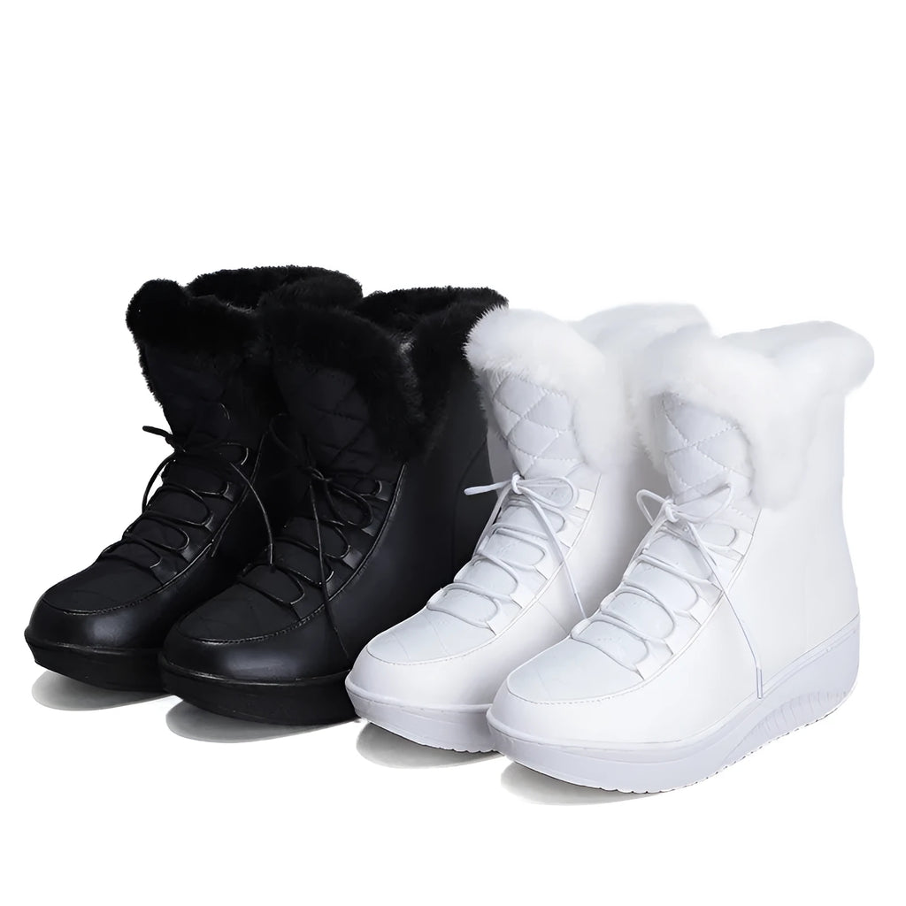 Black women's winter lace-up boots with a platform sole and plush lining.