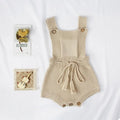 Baby wearing khaki cotton knitted pullover jumpsuit with triangle climbing style, soft fabric, size 73cm