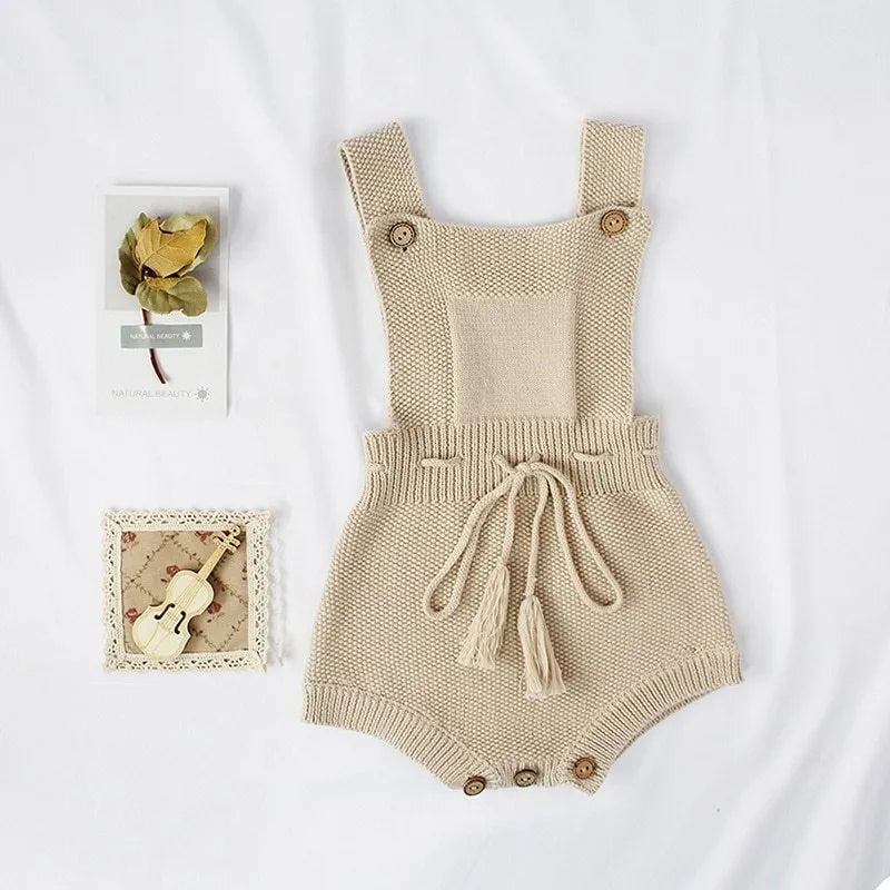 Baby wearing khaki cotton knitted pullover jumpsuit with triangle climbing style, soft fabric, size 73cm
