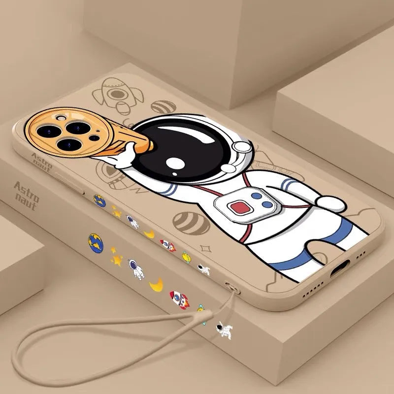 Cartoon astronaut and planet design on a black silicone phone case for iPhone.