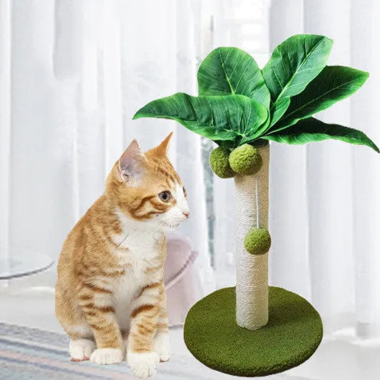 Emerald green cat tree with sisal rope column and long pile cloth leaf perch on particle board base