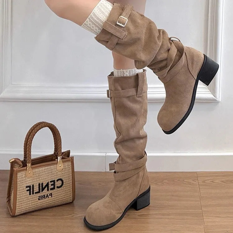 Khaki suede women's pleated pile boots with mid heel 3-5cm, rubber sole and waterproof platform