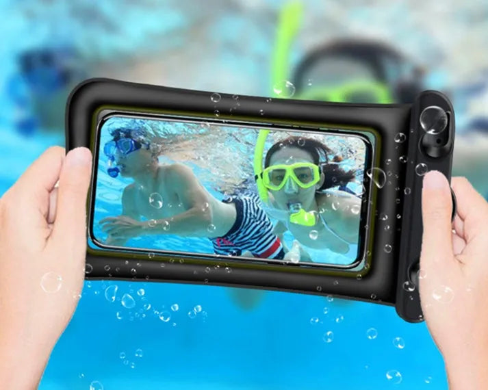 Orange double airbag waterproof phone pouch with black ABS switch and neck rope on a blue background.