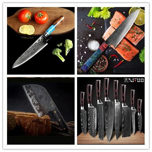 8-piece kitchen knife set with additional damascus steel and high carbon steel knives on cutting board