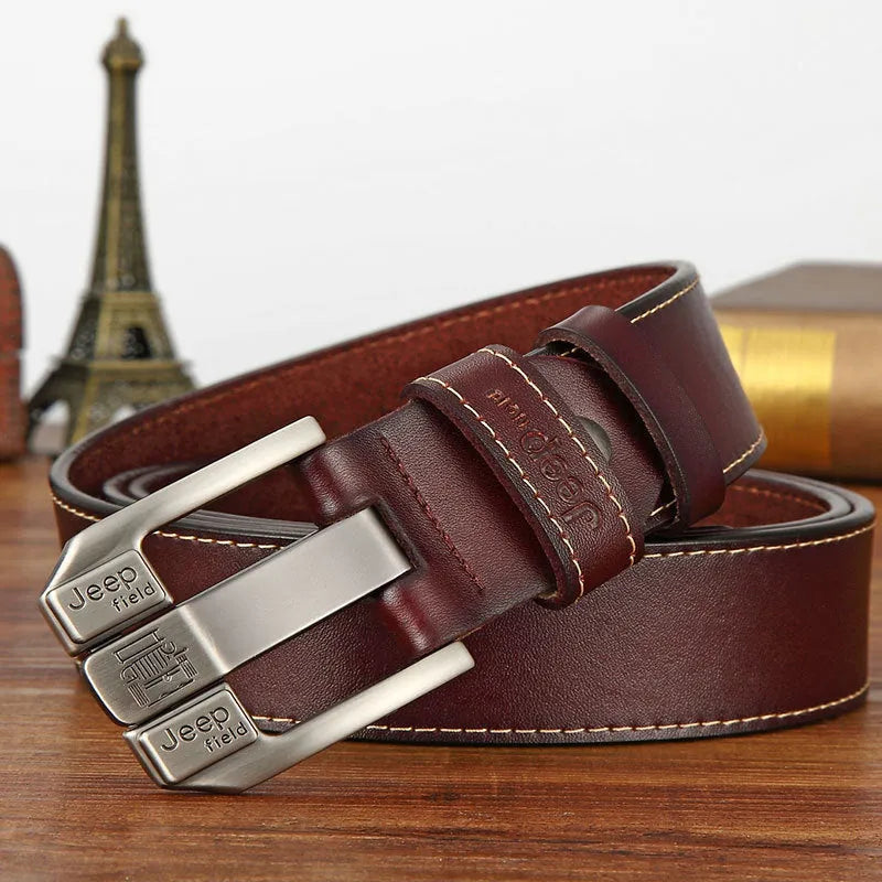 Men's leather belt with two-layer cowhide strap, alloy rectangular pin buckle and car suture detail