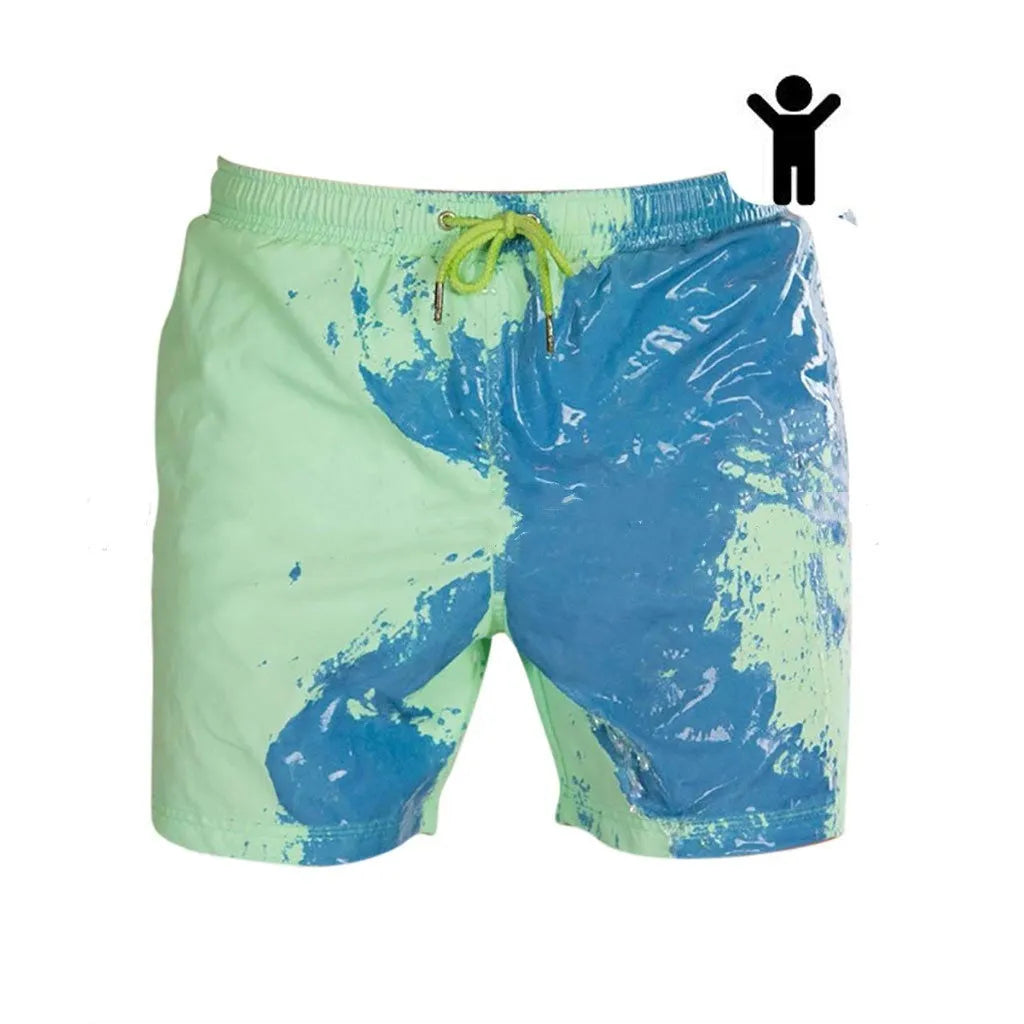 Magical colour-changing beach shorts for men in blue, with drawstring waist and quick-dry polyester fabric