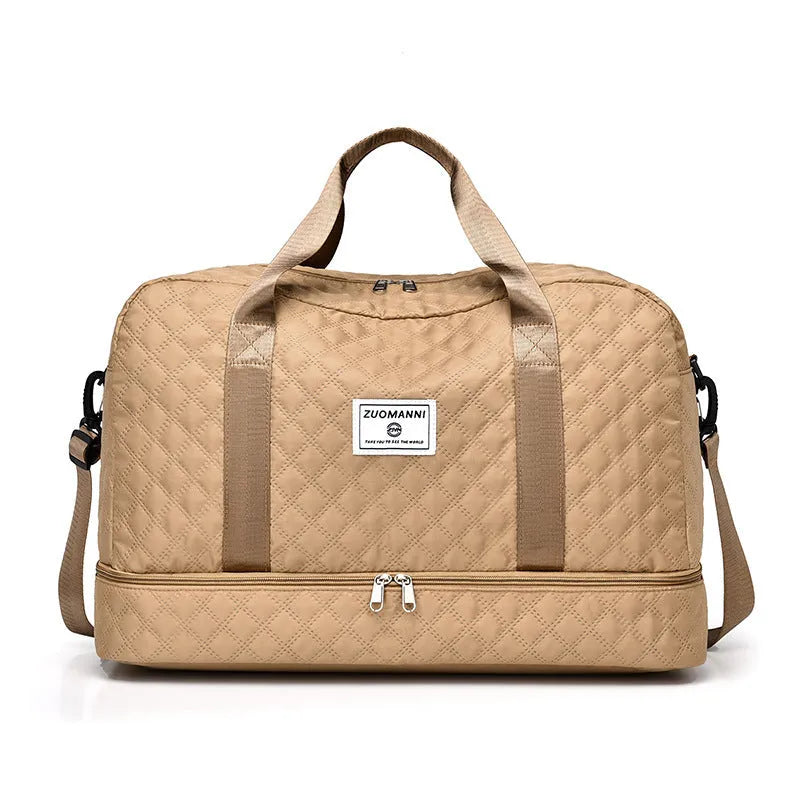 Large Oxford cloth travel bag in a solid colour showing its spacious design and street style details.
