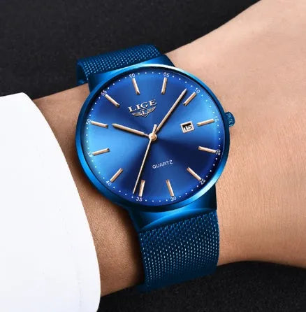 Men's stainless steel wristwatch with a 40mm case shown in black, blue, and two-tone colour variants