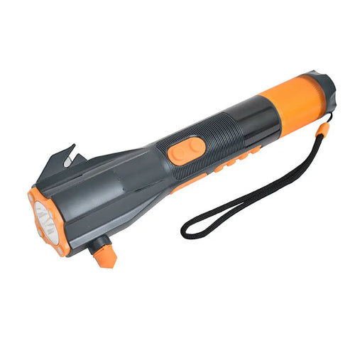 Orange and grey car safety hammer with window breaker, seat belt cutter, LED light, and AM/FM radio