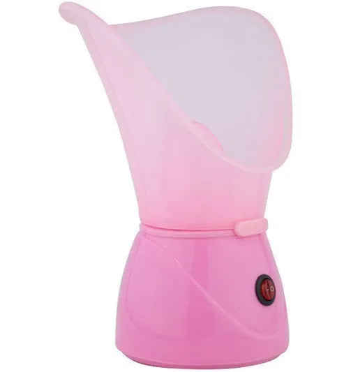 Pink ion hot steamer face machine with 55ml tank and food-grade PP body on white background
