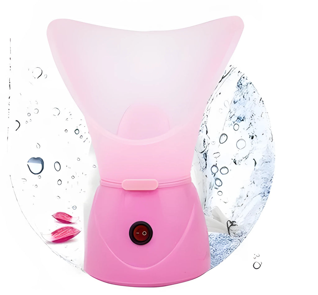 Pink ion hot steamer face machine with 55ml tank and food-grade PP body on white background
