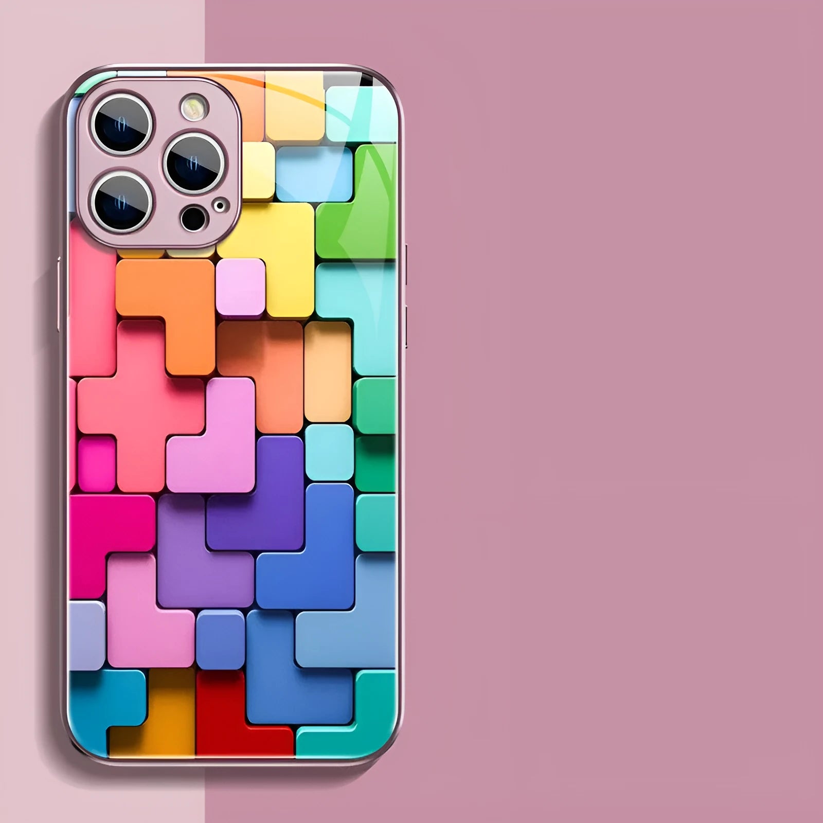 Silicone iPhone case with colourful geometric building block design in cartoon style