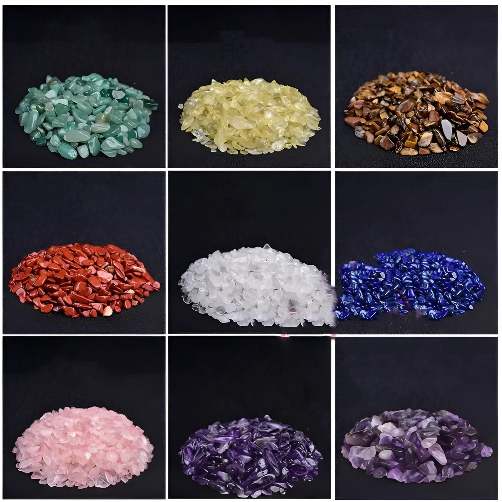 Assorted natural crystal decorative gravel chips in a clear PP bag, available in multiple colours and sizes