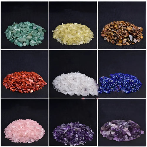 Assorted natural crystal decorative gravel chips in a clear PP bag, available in multiple colours and sizes