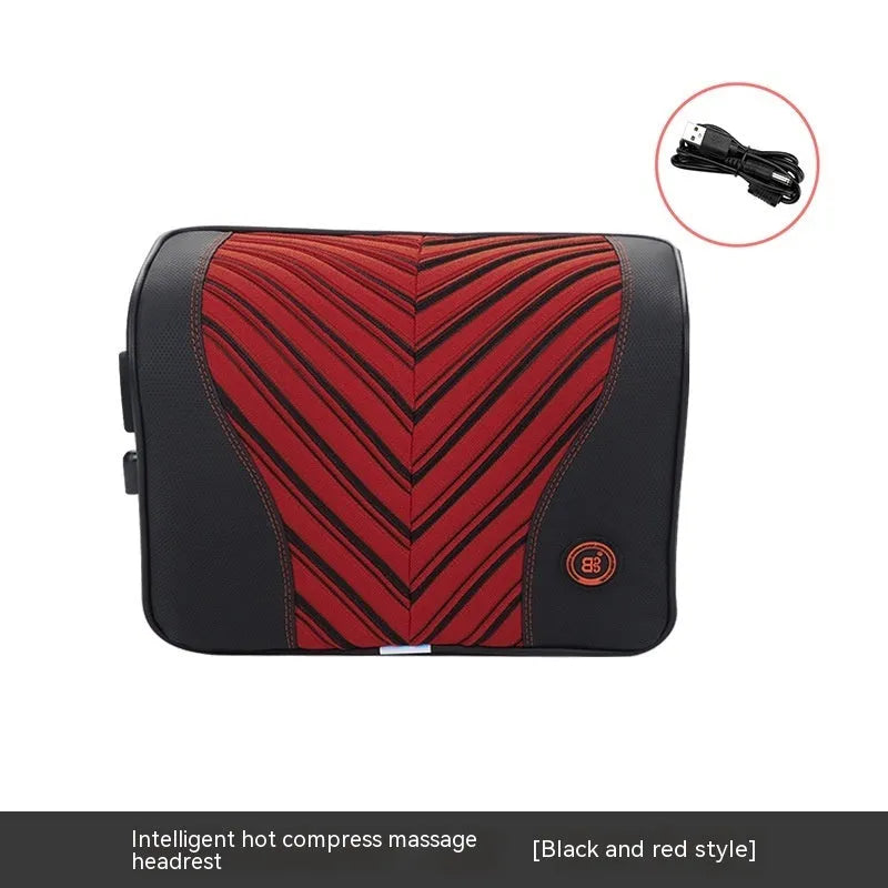 Black and red electric car massage headrest and lumbar support cushion with leather mesh fabric.