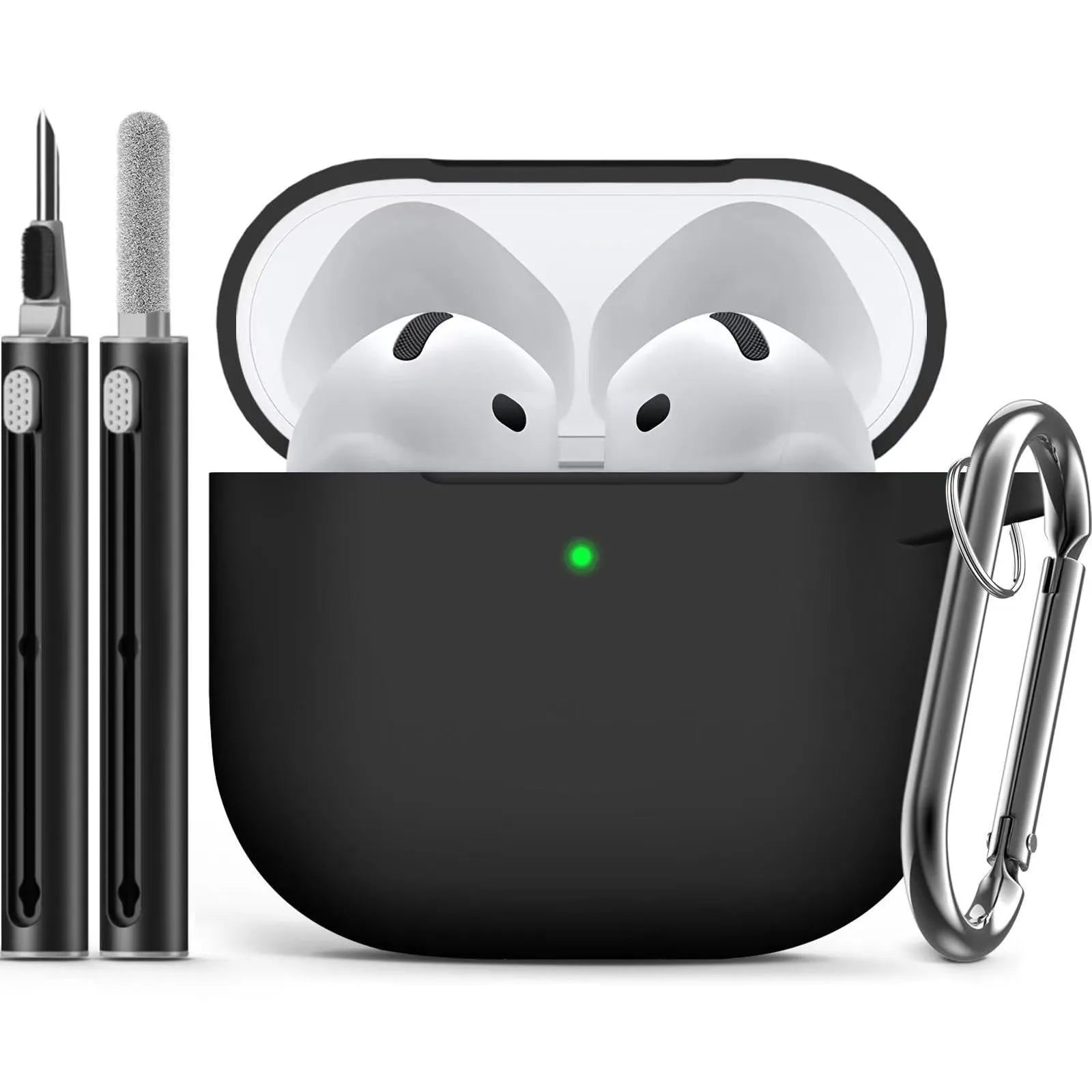 Set of silicone protective cover and cleaning pen for Airpods, embossed texture, black silicone case, white cleaning pen