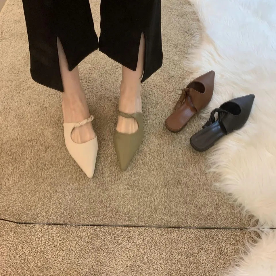 Women's leather-lined semi-toe box slippers with spring design and rubber sole in four colour options