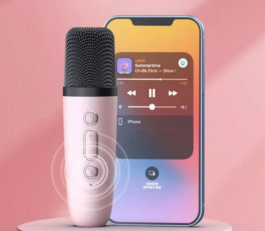 Portable Bluetooth speaker microphone with coloured lights in pink, sky blue, or white colour options.