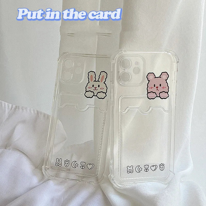 Transparent cartoon iPhone case with card holder slot on the back.