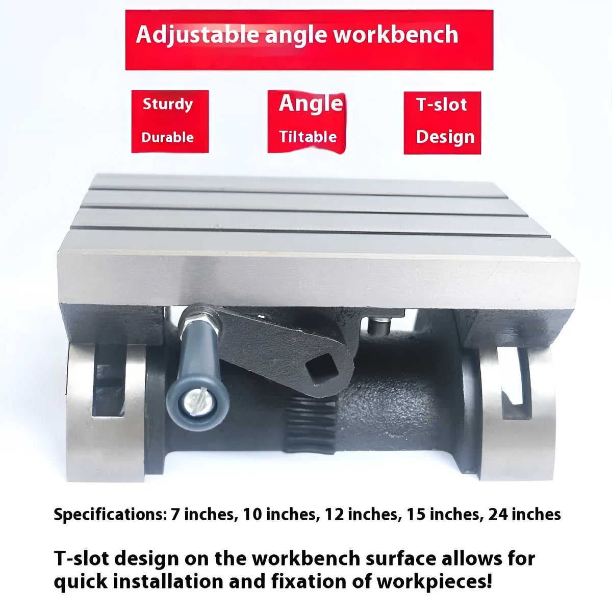 Adjustable angle cast iron workbench 15-inch with side degree scale and 45 degree tilt