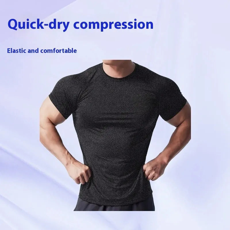 Men's grey quick-dry polyester short sleeve running t-shirt on a hanger.
