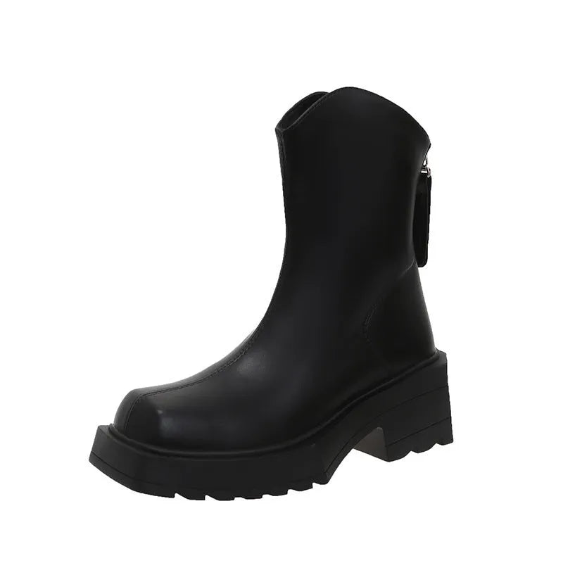 Black and brown women's square toe platform Martin boots with a mid calf height and back zipper.