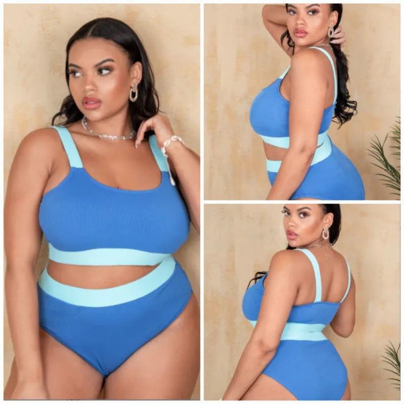 A women's high-waist bikini swimsuit set in a solid colour, made from polyester fabric.