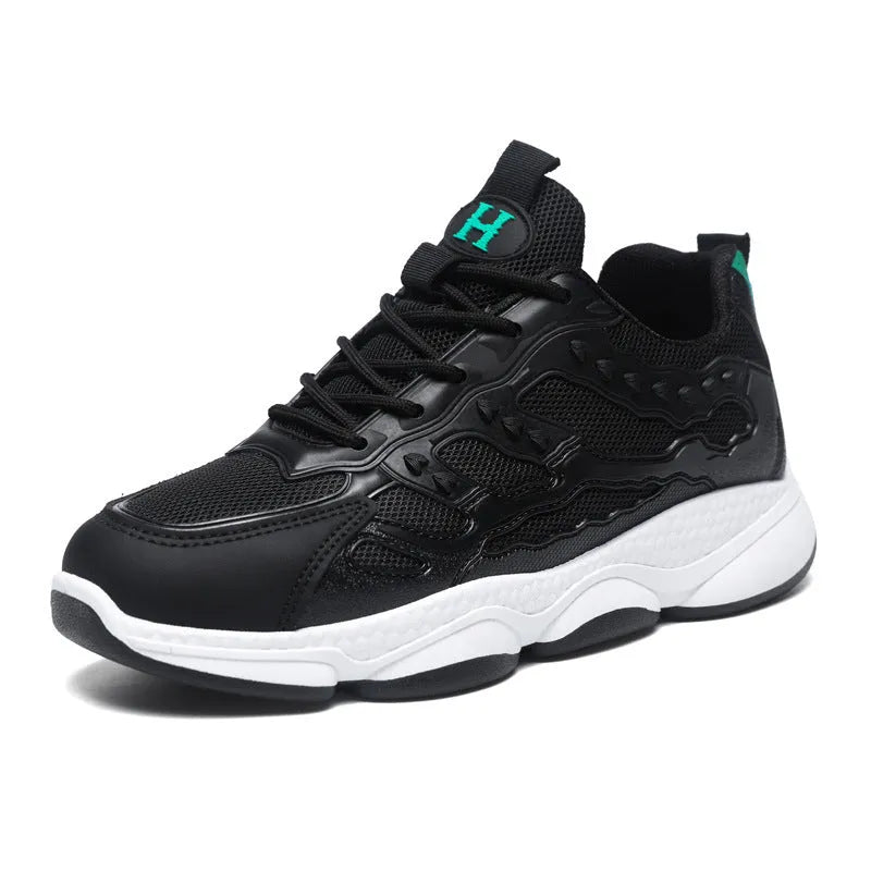 Men's spring mesh casual breathable sneakers low top rubber sole flat heel black green white black white brown