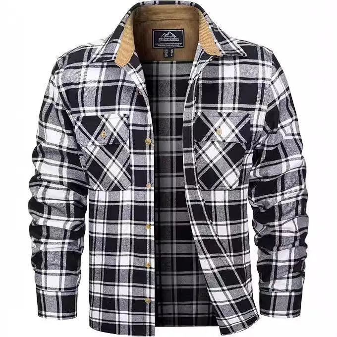Man wearing a casual plaid button shirt in a winter setting, showing the cardigan style and loose fit.