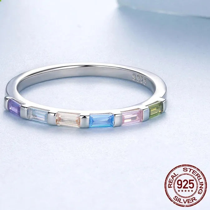 S925 sterling silver women's ring with single colour zircon stone, geometric shape, silver colour