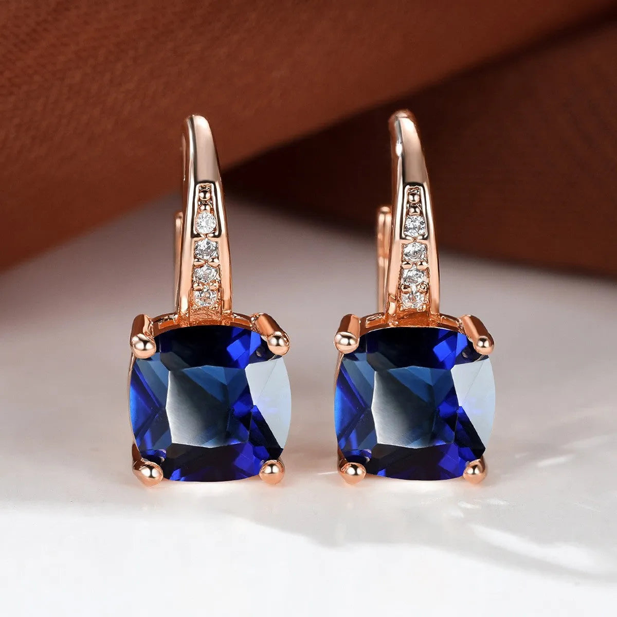 Square geometric ear hooks with round zircon inlays in gold, platinum, or rose gold finish