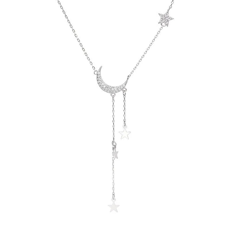 Super Fairy Moon Necklace XINGX tassel star moon pendant copper mixed gem inlay drop shape cross chain silver white