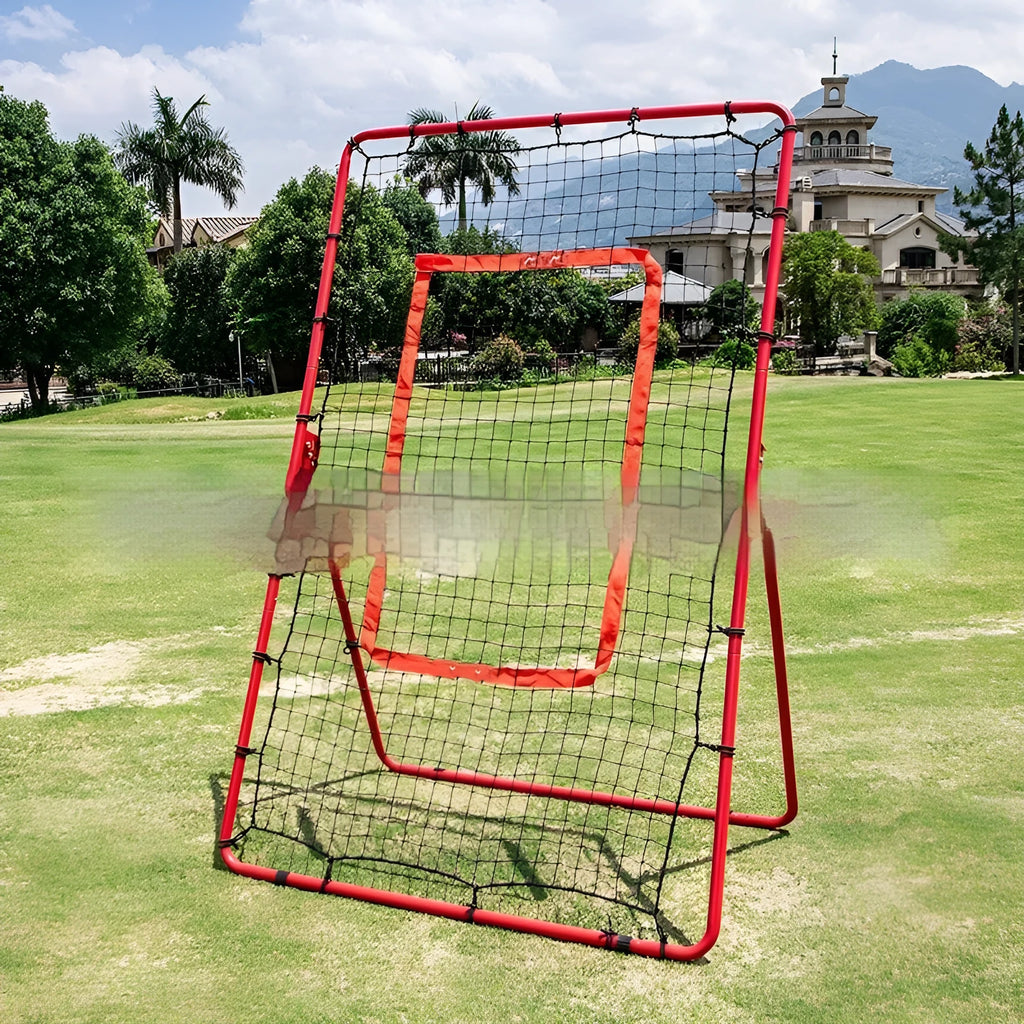 Red portable baseball training net with metal frame folded to 95x16x14.5cm size