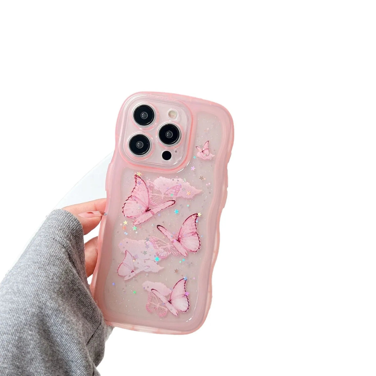 TPU transparent protective phone cover with painted butterfly glitter design and wave pattern for iPhone models